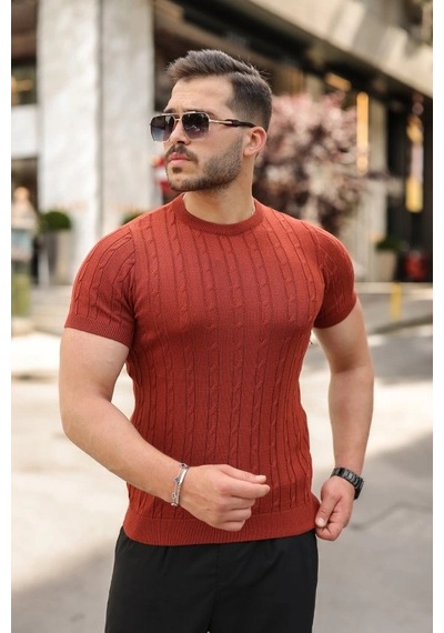 Valensdesign Erkek Örgü Desen Bisiklet Yaka Triko Tişört - %100 Pamuk Akrilik A. Kiremit
