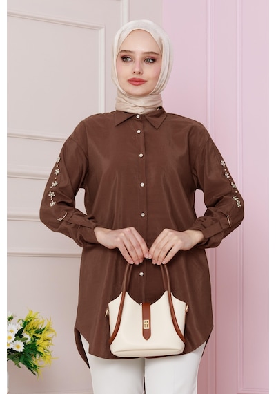 Sevitli Kolu Çakım Detaylı Tunik-kahverengi-4728 Kahverengi