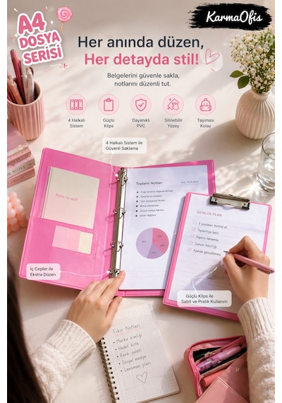Pink Dreams Aesthetic Kırtasiye Seti A4 4 Halkalı Klasör + Kapaklı Sekreterlik Pembe Pvc Dosya Organizer