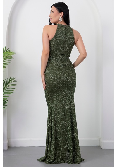 Kalopya Halter Yaka Yırtmaçlı Boncuklu Elbise 41099 Haki