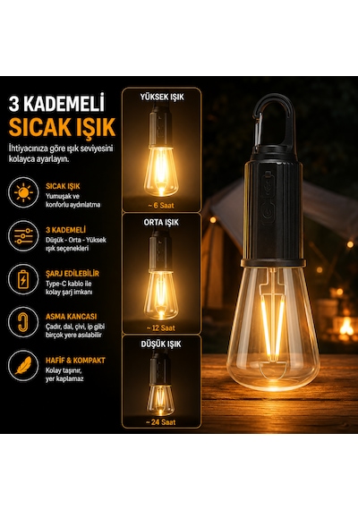 Şarj Edilebilir Led Kamp Lambası 3 Kademeli Sıcak Işık Asma Kancalı Taşınabilir Çadır Ve Acil Durum Lambası