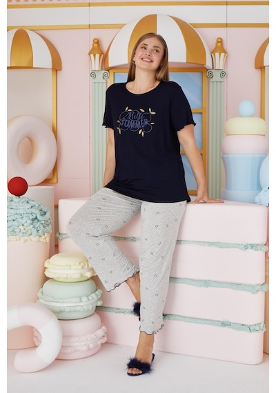 Sevim Kadın Büyük Beden Kısa Kol Lacivert Pijama Takım C1t4n7o51 001