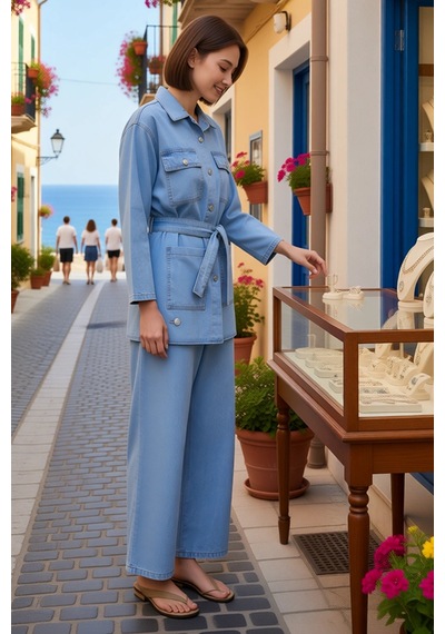 Benerly Kadın Büyük Beden Gömlek Yaka Uzun Kollu Denim Ceket Pantolon Tak Açık Mavi Benerly Kadın Büyük Beden Gömlek Yaka Uzun Kollu Denim Ceket Pantolon Tak Açık Mavi