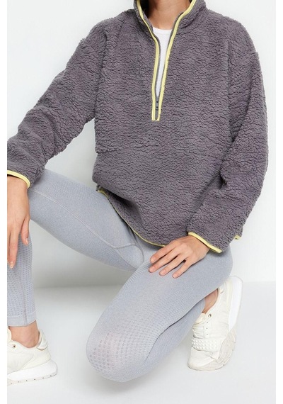 Ersefa Tarz Regular Dik Yaka Düşük Kol Regular Peluş Örme Spor Sweatshir Gri