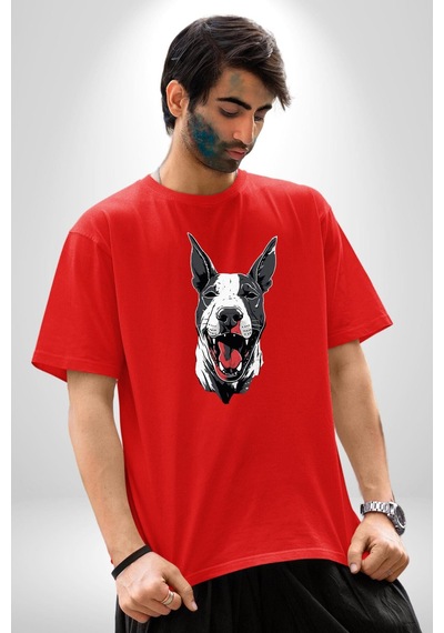 Doberman Kırmızı Dil Siyah Dik Kulak Pamuklu Bisiklet Yaka Unisex Oversize Boyfriend Dijital Baskılı Kırmızı T-shirt Kırmızı