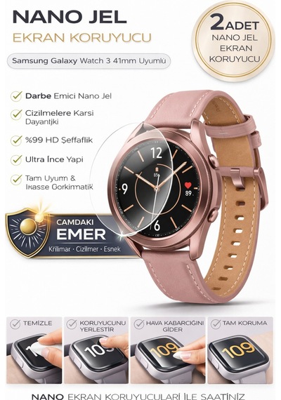 Samsung Galaxy Watch 3 41mm Uyumlu Nano Jel Ekran Koruyucu 2 Adet Darbe Emici Tam Kaplayan