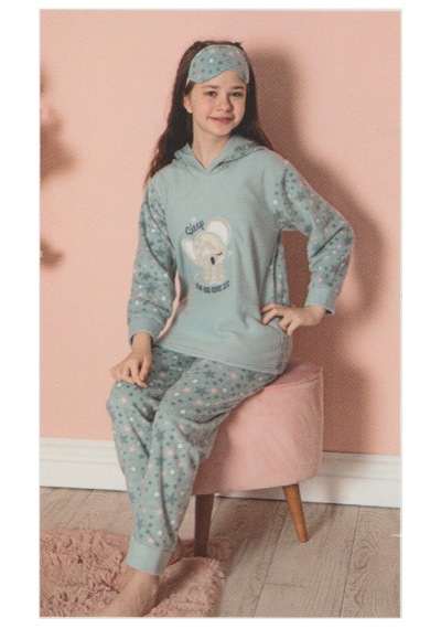 Tarık Kız Çocuk Uzun Kollu Kapşonlu Polar Kışlık Pijama Takımı Turkuaz