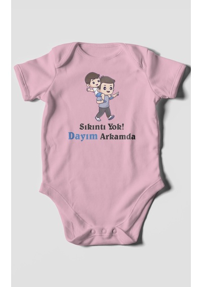 Sıkıntı Yok Dayım Arkamda Baskılı Bebek Zıbını Çıtçıtlı Body %100 Pamuk Kısa Kol Koyu Pembe