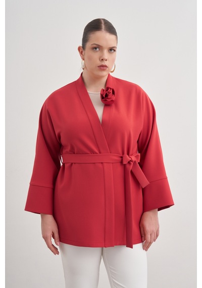 Aker Kırmızı Kumaş Broşlu Kimono Kırmızı Kırmızı