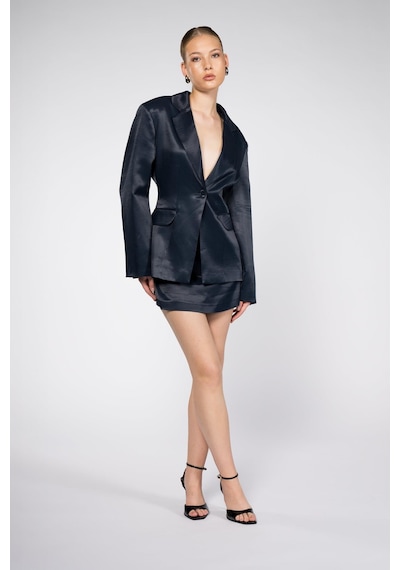 Kadın Lacivert Bele Oturan Saten Blazer Lacivert