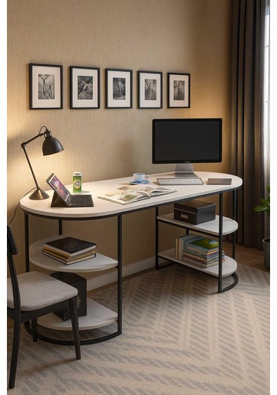 Reyo Falez Metal Ayaklı Raflı Çalışma Masası, Ofis Masası, Ders Masası Beyaz