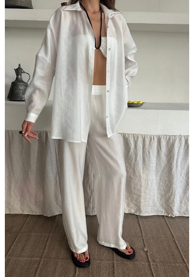 Defymoda Gömlek - Pantolon Takım - Beyaz Beyaz