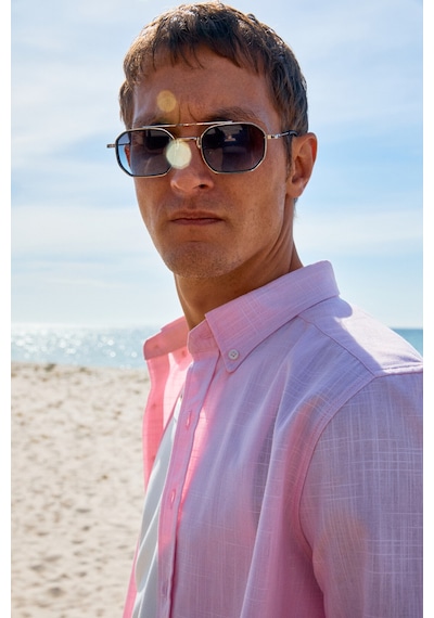 Grimelange Perttu Erkek %100 Pamuk Slim Fit Dar Kesim Düğmeli Yaka Keten Görünümlü Flamlı Pembe Göml Pembe