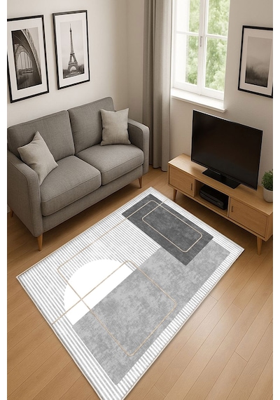 STY Home Gri Dijital Baskı Halı Kaymaz Tabanlı Yıkanabilir Halı Yolluk Salon Halısı131