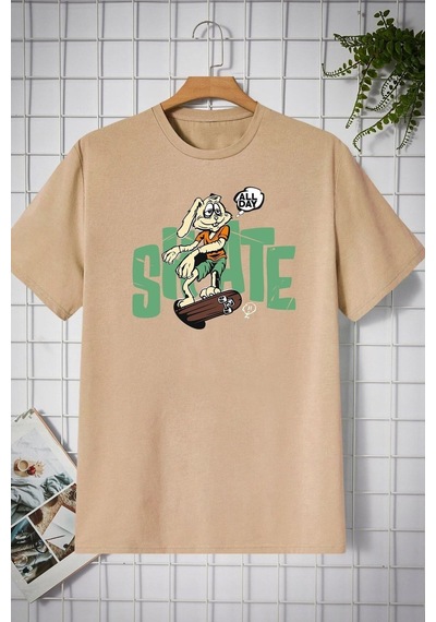 Flood Of Style Unisex All Day Rabbit Tasarım T-shirt Bej