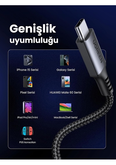 Usb C Şarj Kablosu 60w Siyah Naylon Usb C - Usb C Kablosu Pd 3.0 Pps İphone 15 Pro Max Galaxy S23 S22 S21 A54 A34 A14 İpad Pro 12.9 İpad Air 5/mini 6, Pixel 7 Pro Vb. İle Uyumludur. 2m