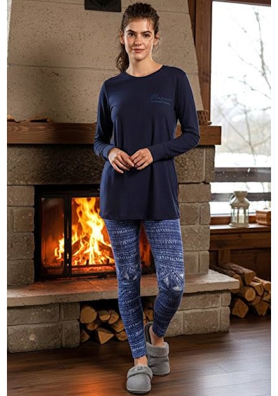 Aydoğan Kadın Uzun Kol Taytlı Pijama Takımı Lacivert