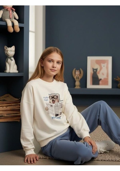 Kız Çocuk Kedi Baskılı Oversize Tasarım Sweatshirt-16487 Ekru