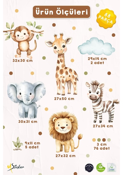Safari Hayvanları Duvar Sticker Seti 88 Parça Fil, Zürafa, Aslan, Zebra,maymun Çocuk Odası Sticker Çok Renkli