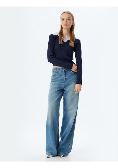 Koton Pamuklu Gömlek Yaka Katlı Slim Fit Uzun Kollu Tişört Lacivert 7wal10124ık
