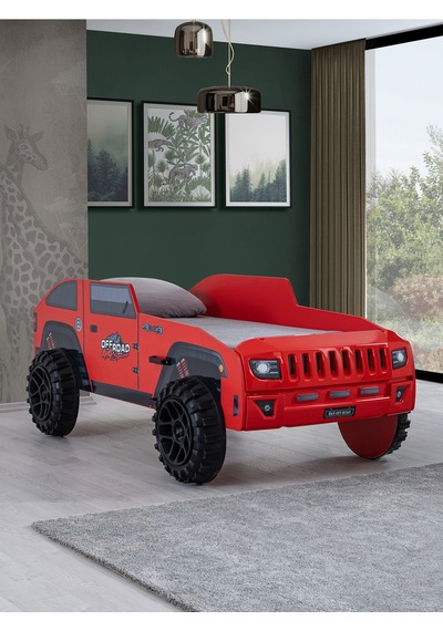 Arabalı Yatak, Jeep Arabalı Yatak - Kırmızı + 1 Adet Comfort Yatak