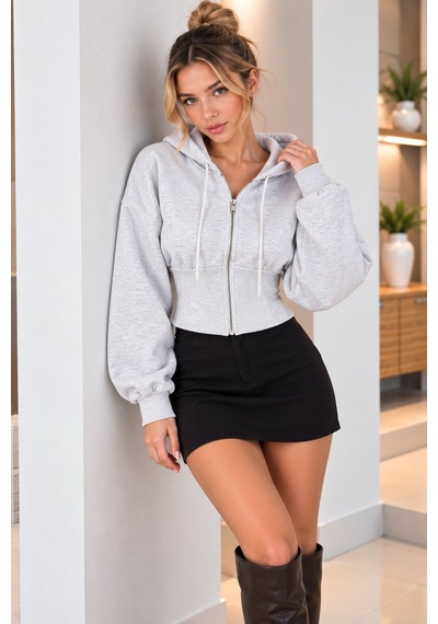 Lima Gri Kadın Kapüşonlu Fermuarlı Crop Sweatshirt Beli Korse Detaylı Uzun Kollu Oversize Sweat Lima Gri Kadın Kapüşonlu Fermuarlı Crop Sweatshirt Beli Korse Detaylı Uzun Kollu Oversize Sweat
