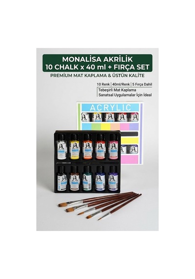 Chalk Akrilik Boya 10 Renkx40 Ml Fırça Hediyeli 1 Paket Monalisa Akrilik Boya Resim Dersi Tuval Ahşap Taş Boya Seti Çok Renkli