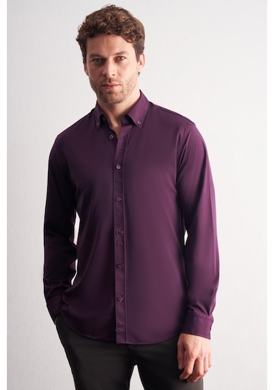 İmza Mor Düğmeli Yaka Örme Uzun Kol Performans Ürün Slim Fit Esnek Gömlek 1004255270 Mor