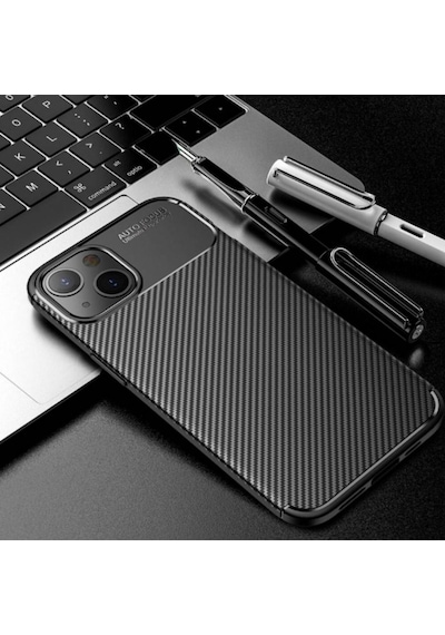 Apple Uyumlu iPhone 13 Uyumlu Silikon Kılıf Karbon Desenli Kamera Korumalı Autofocus Kapak Siyah Siyah -