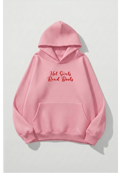 Uyguntarz Unisex Yumuşak Dokulu Hot Girl Read Books Baskılı Tasarım Oversize 3 İplik Hoodie Sweatshirt Pembe
