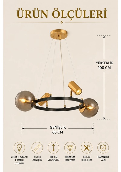Modern Premium Gold Siyah Halkalı Avize 2xe14 + 2xgu10 Füme Camlı Sarkıt Avize