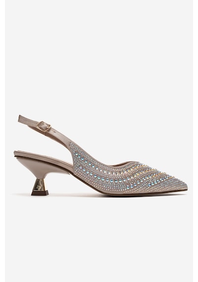 Luvishoes Royale Bej Saten Taşlı Kadın Kısa Topuklu Abiye Ayakkabı