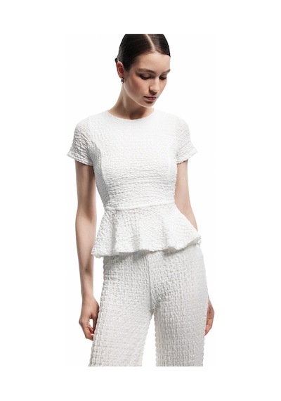 Koton Bürümcük Kumaş Dokulu Kısa Kollu Bisiklet Yaka Peplum Bluz Beyaz 5sak10533ek Beyaz