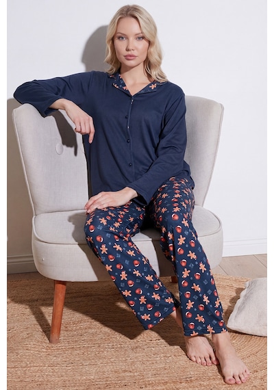 Lela Desenli Regular Fit Apaş Yaka Beli Lastikli Bol Paça Bayan Pijama Takımı 65714300 Lacivert