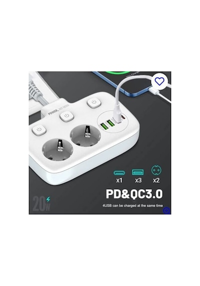 Akım Korumalı 2 Li Ayrı Anahtarlı Priz, 2x Priz, 3x Usb, 1x Type-c, 2 Mt Kablo, Hızlı Şarj 0-2