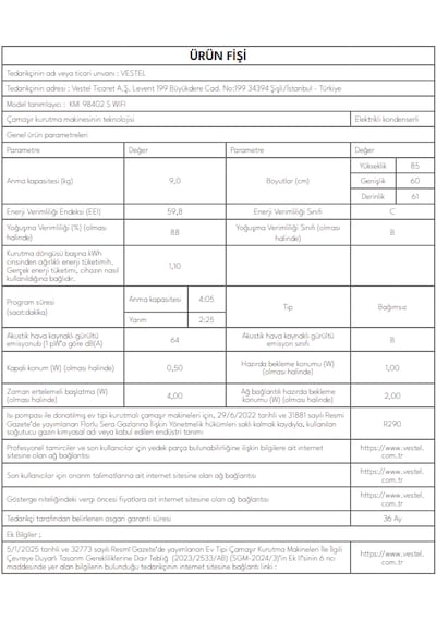 Vestel KMI 98402 S WIFI 9 KG Kurutma Makinesi
