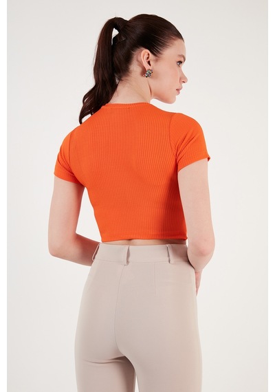 Lela Fitilli Bel Detaylı Kısa Kollu Dar Kesim Crop Bayan Bluz 5864211 Oranj