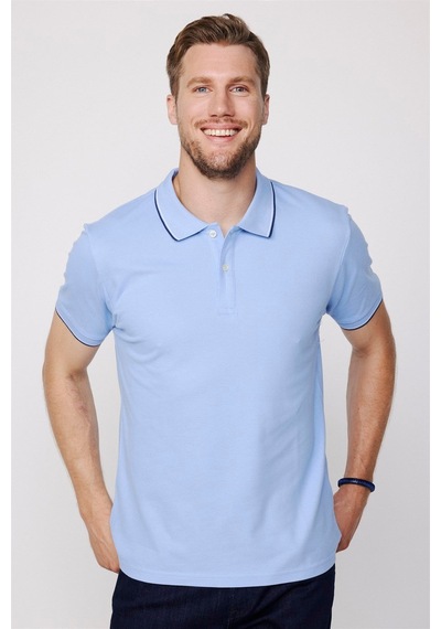 Tudors Erkek Slim Fit Dar Kesim %100 Pamuk Düz Pike Kol Şeritli Mavi Polo Yaka Tişört-27646 Mavi