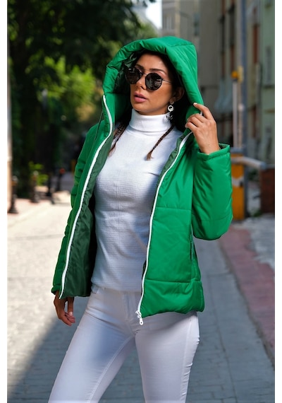 Keyifli Moda Kadın Yeşil Su Geçirmez Kapüşonlu Şişme Mont