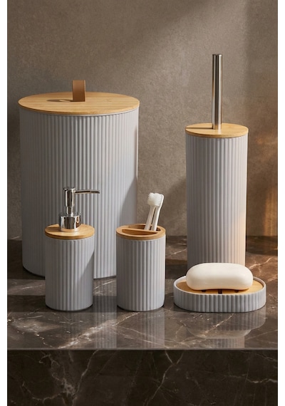 Makri Home 5 Parça Yuvarlak Banyo Seti, Bambu Kapaklı, Gri, Hacim: 7 Litre Gri