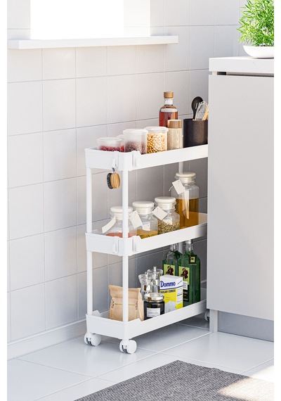 Beyaz 3 Katlı Tekerlekli Dar Düzenleyici Mutfak Ve Banyo Rafı