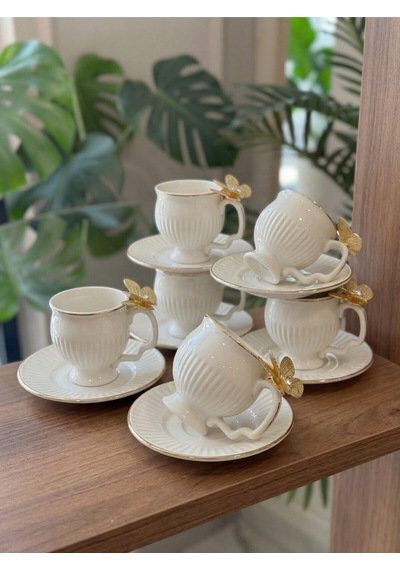 Alfafe Home 6 Kişilik Gold Kelebek Detaylı Porselen Kahve Fincanı Ve Tabağı Seti Lüks Türk Kahvesi Fincanı Altın