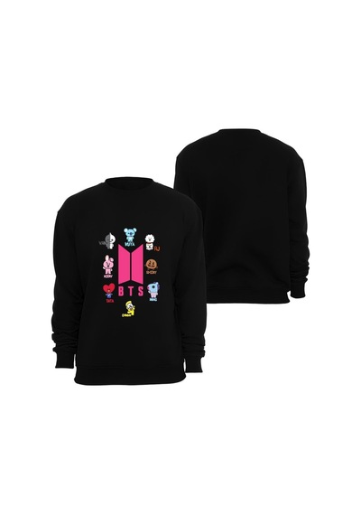 Bt21 Bts Anime Baskılı Bisiklet Yaka Sweatshirt Siyah