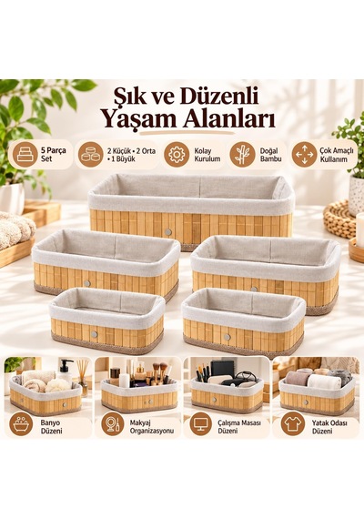 Bambu Düzenleyici Sepet Seti, Kumaş Astarlı, 5'li Set