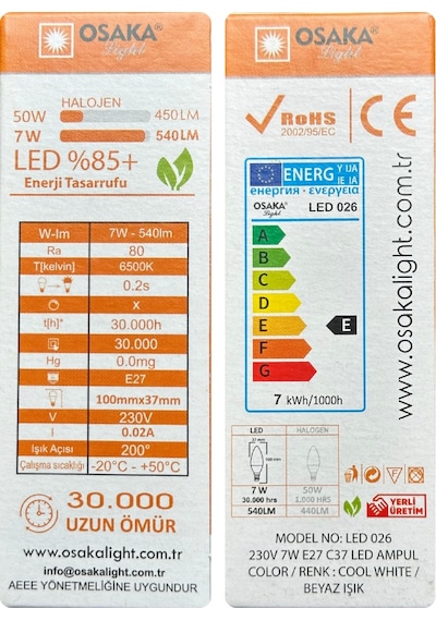 2 Adet Osaka 7w 50w 6500k Beyaz Işık E27 Duylu Kalın Duy Mum Led Ampul