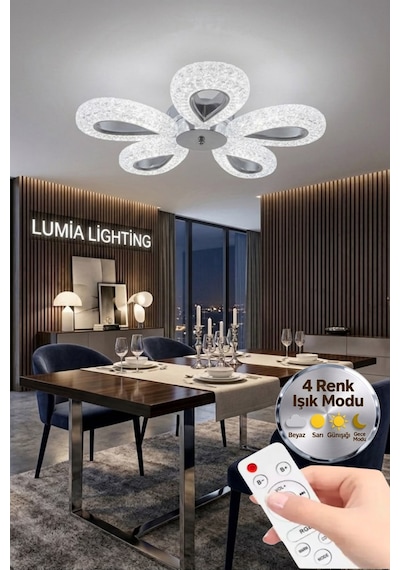 LumiaLighting Damla Model 5"li Gümüş Kumandalı 3 Renk Modu Ledli Modern Plafonyer Salon Mutfak Çocuk Yatak Odası Led Avize