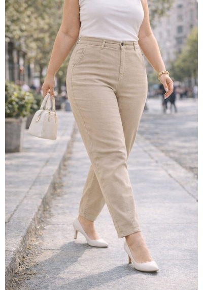 Cedy Denim Mom Fit Jean Büyük Beden Yüksek Bel Carrot Kesim Dar Paça Pileli Esnek Kot Pantolon C600 Bej