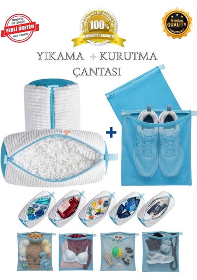 Çok Amaçlı Yıkama Çantası Ve Kurutma Filesi, 2'si 1 Arada Takım, Mavi, Xl Boyut Beyaz-mavi