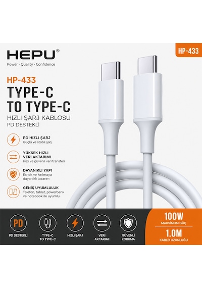 Hepu Hp-433 Royal Type-c To Type-c Kablo Hızlı Şarj Ve Veri Aktarımı 1 Metre