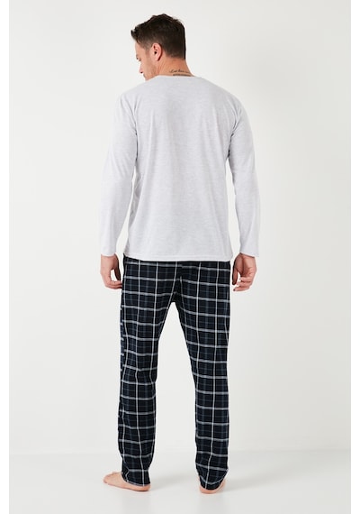 Buratti Ekoseli Pamuklu Beli Lastikli Regular Fit Uzun Kollu Erkek Pijama Takımı 6572003 Gri Melanj